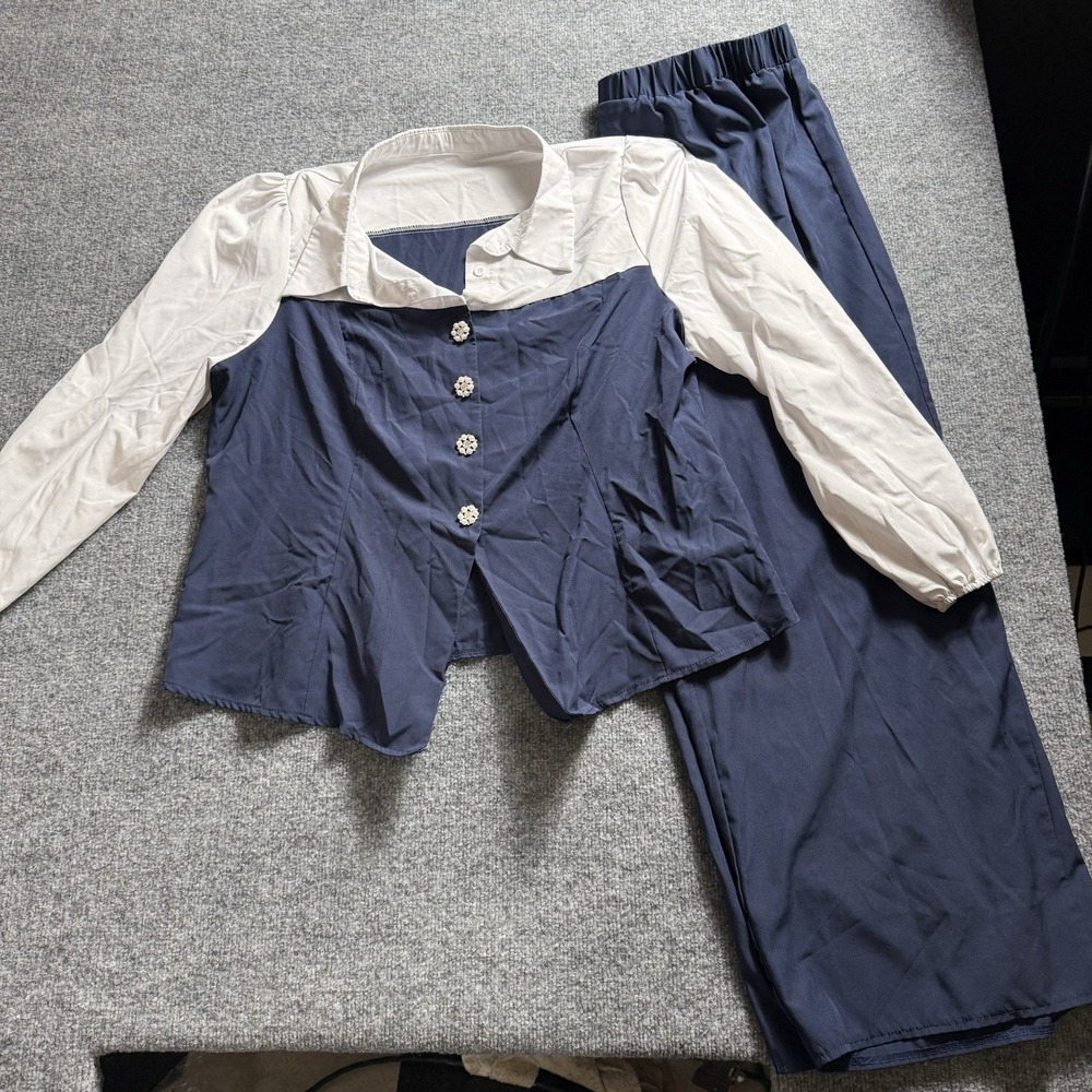 Navy Blue White Colorblock Blouse Pants Set Faux Pearl Button Long Sleeve 3X